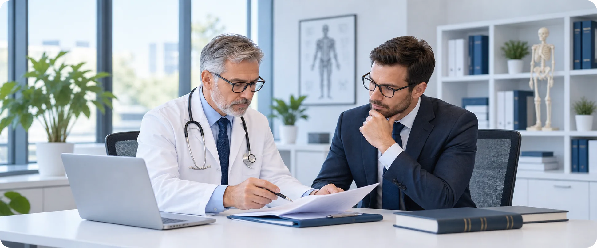 Médico e advogado analisando documentos do caso